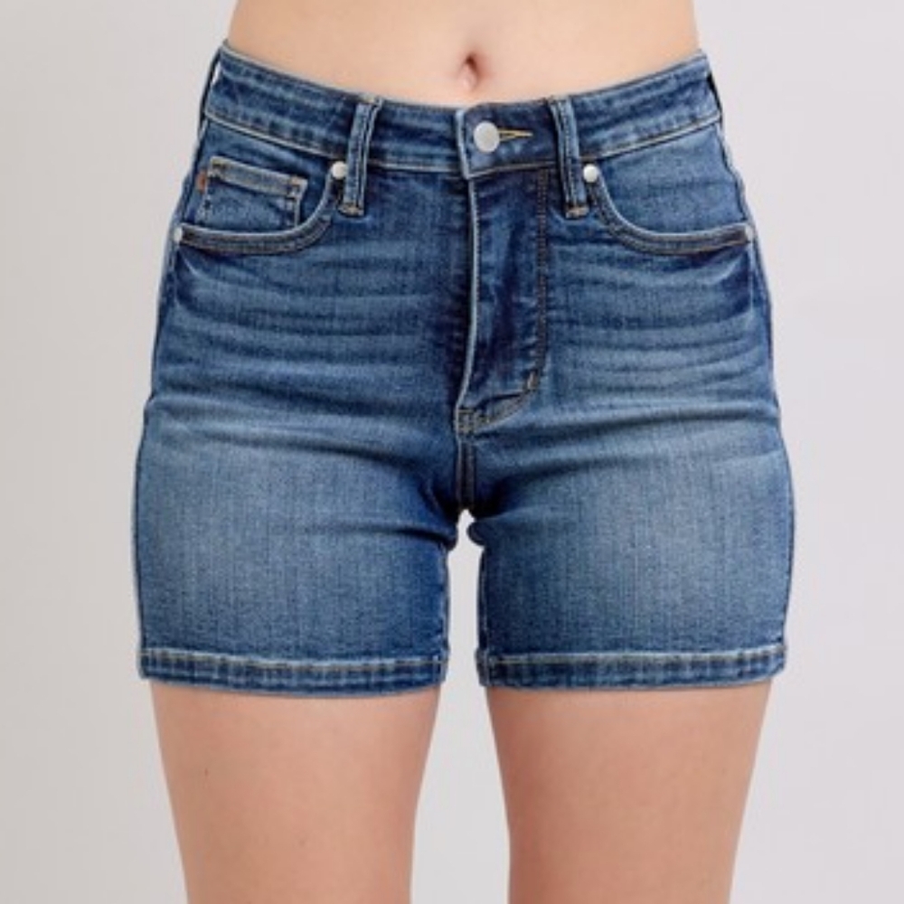 Judy Blue High Rise Waist Denim Slim Fit Classic Retro Mid-Length Jean Shorts - Picture 12 of 13